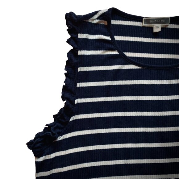 PEIONE -Navy Blue with white stripes tank Top - Sleeveless ruffle - Large - Picture 2 of 8